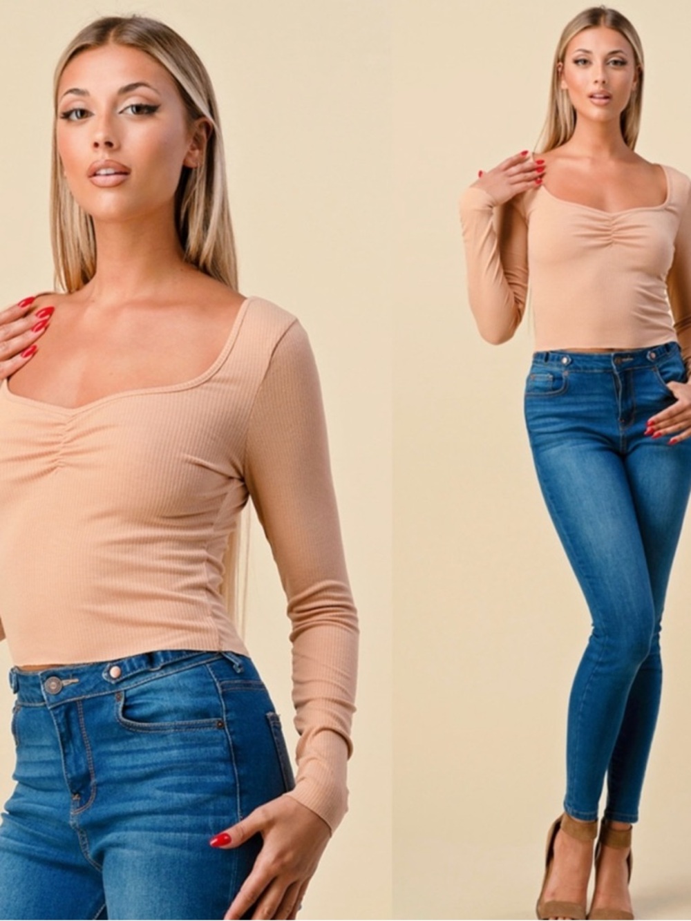 Heart & Hips Ribbed Square Neck Crop Top - Beige - Picture 3 of 10